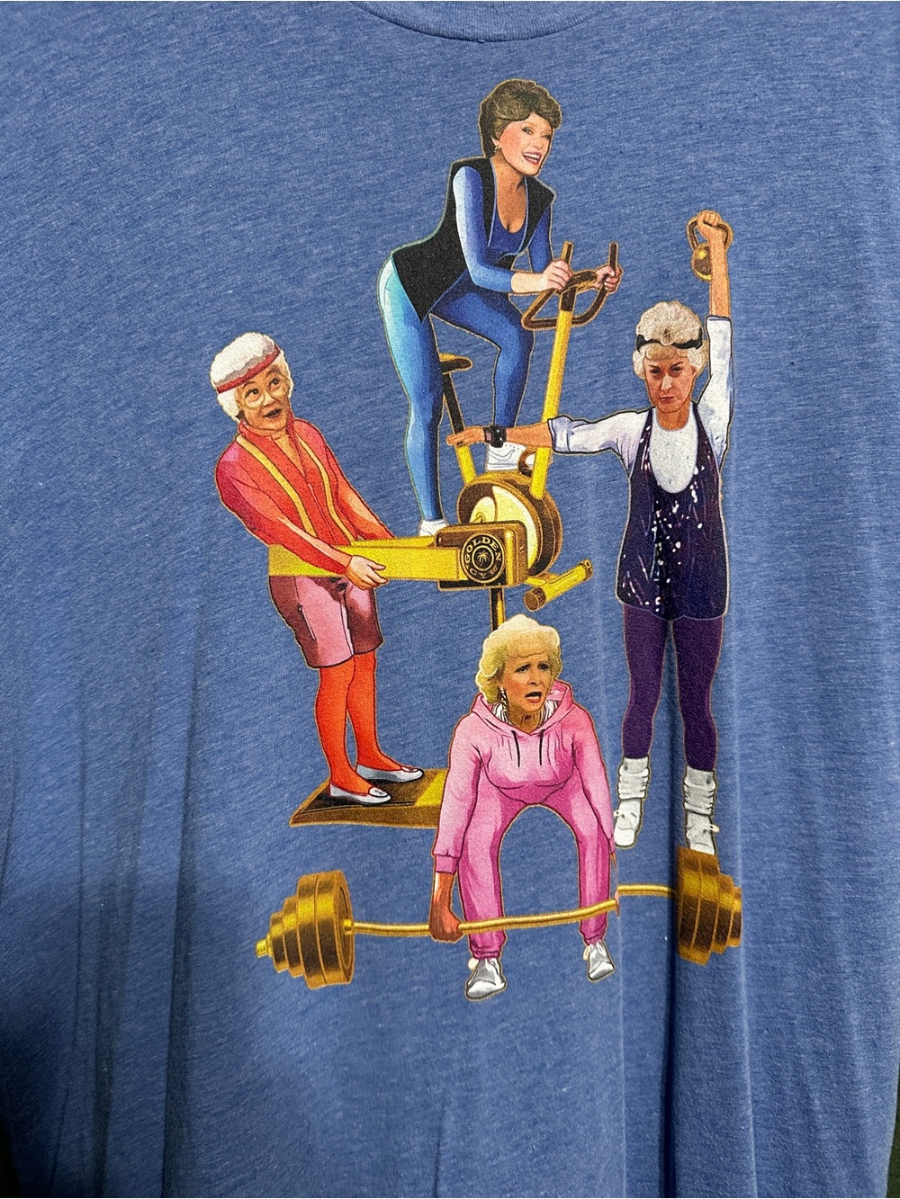 Golden Girls Workout Graphic Tee — Blue with Multicolor Print - XL